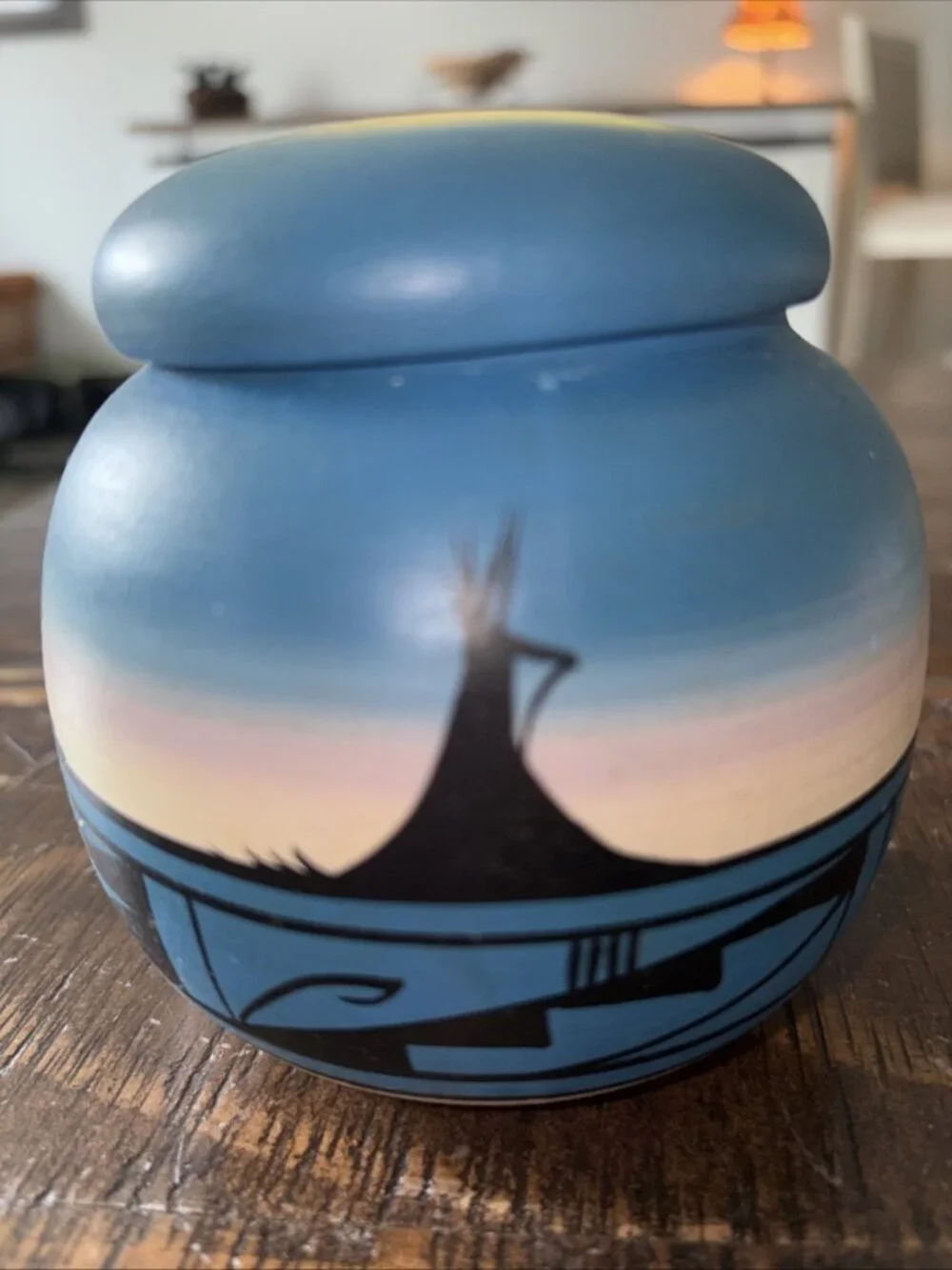Vintage Hand Painted Navajo Pottery Lidded 4.5” Trinket Box Artist Signed w/lid